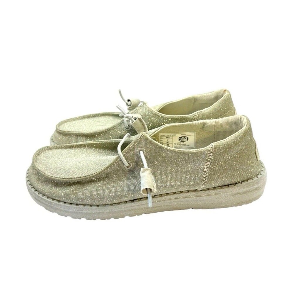 Hey Dude Wendy Stretch Sparkling White Women's 9 Glitter Slip On Casual Loafer